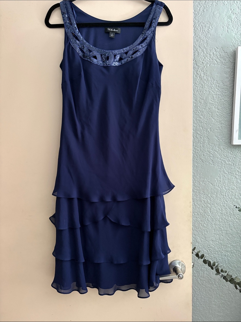 SL Fashions Navy Beaded Scoop-Tiered Midi Dress